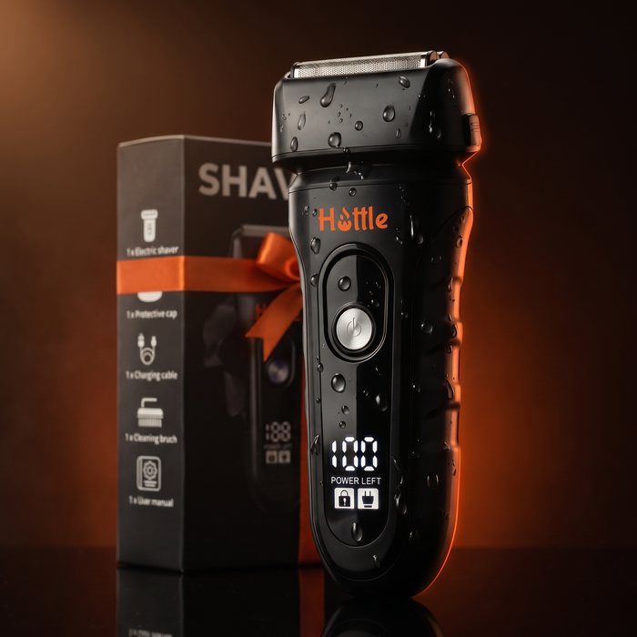 Aparat de ras cu folie HOTTLE Shaver Foil 9000 negru, cu cutia cadou, pe fundal întunecat