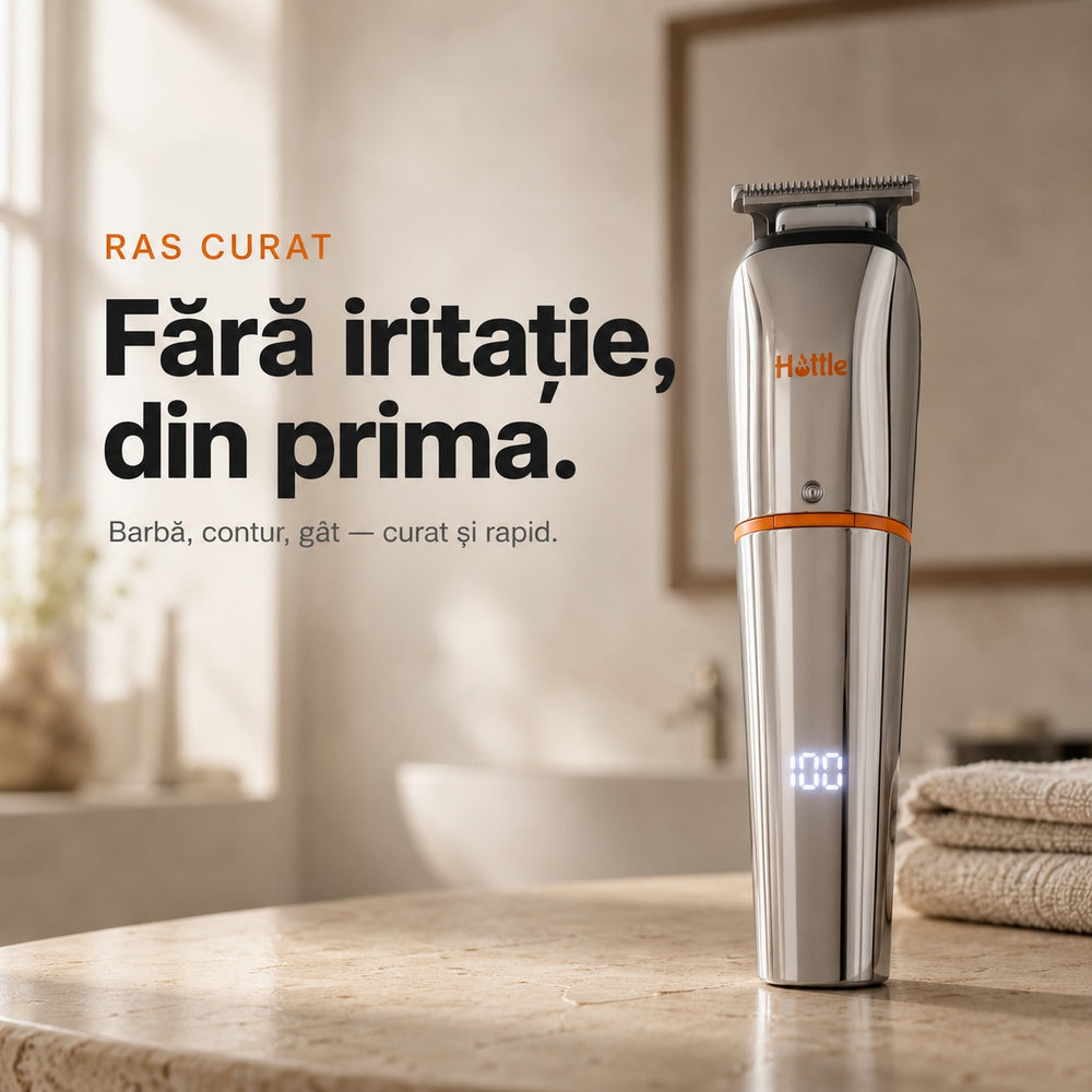 Trimmer HOTTLE V1 așezat pe blatul din baie, cu afișajul digital aprins