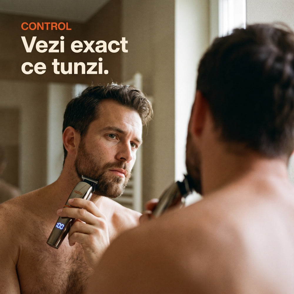 Bărbat tunzându-se singur acasă, în fața oglinzii, cu trimmerul HOTTLE V1