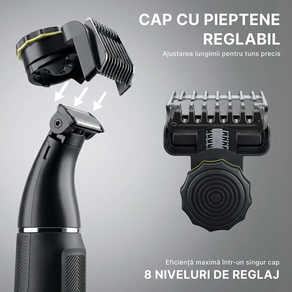 Capul cu pieptene reglabil pe 8 niveluri al aparatului de ras HOTTLE 3-în-1