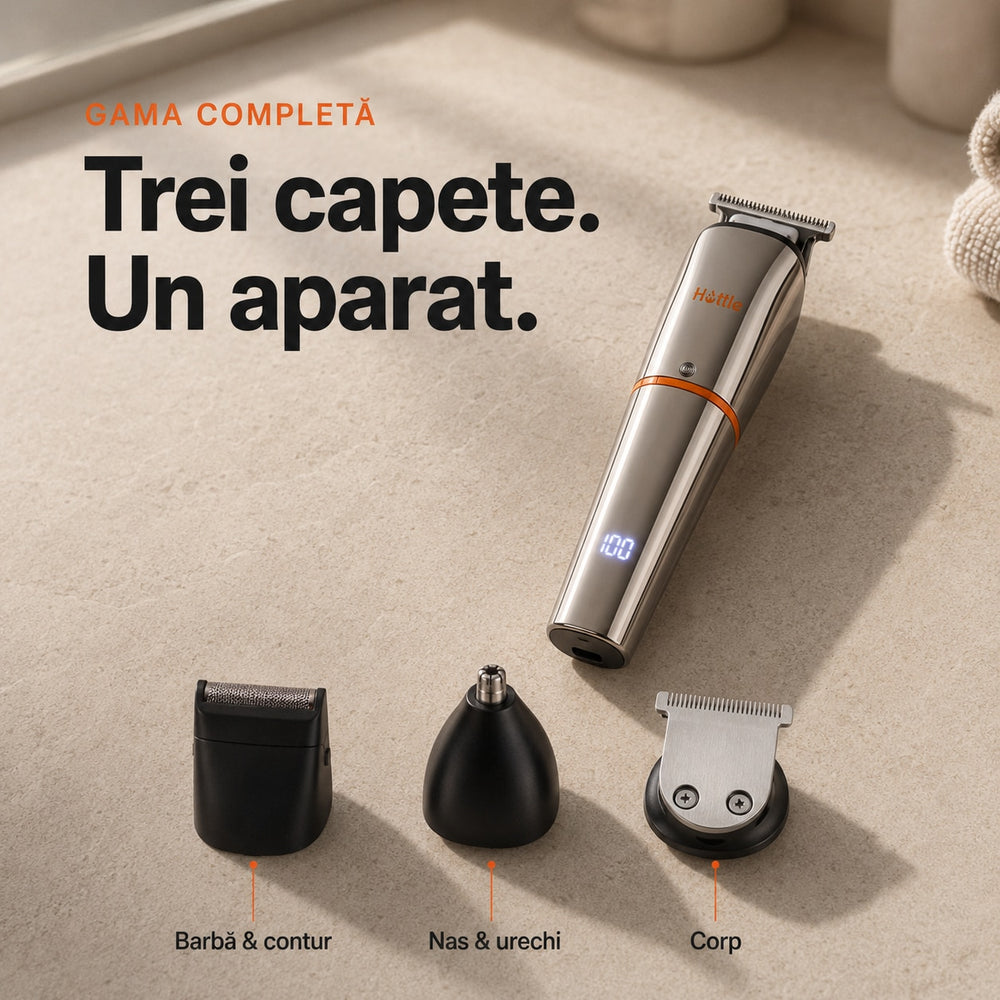 Cele trei capete ale trimmerului HOTTLE V1: barbă și contur, nas și urechi, corp