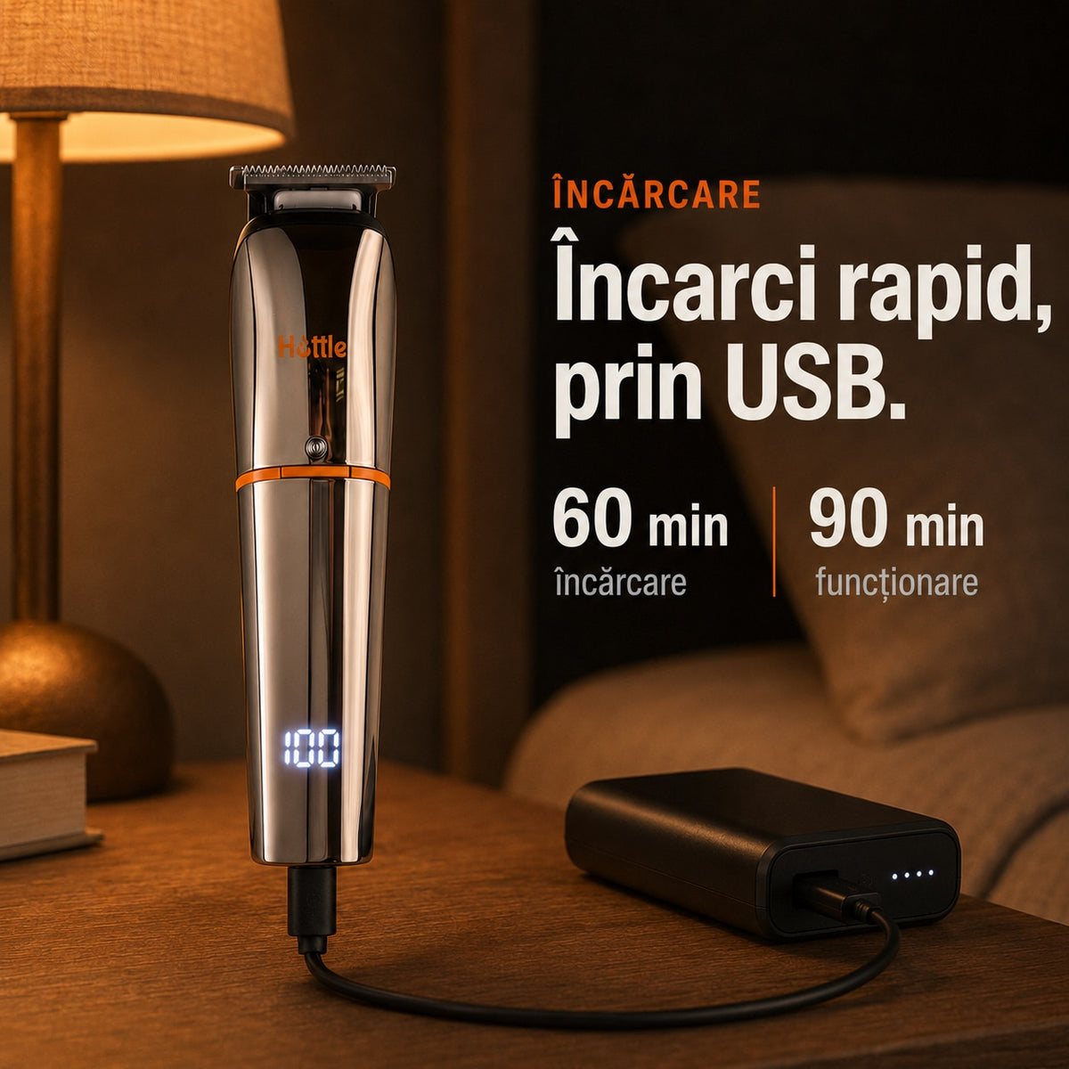 Trimmer V1 la încărcare prin USB, cu afișajul aprins